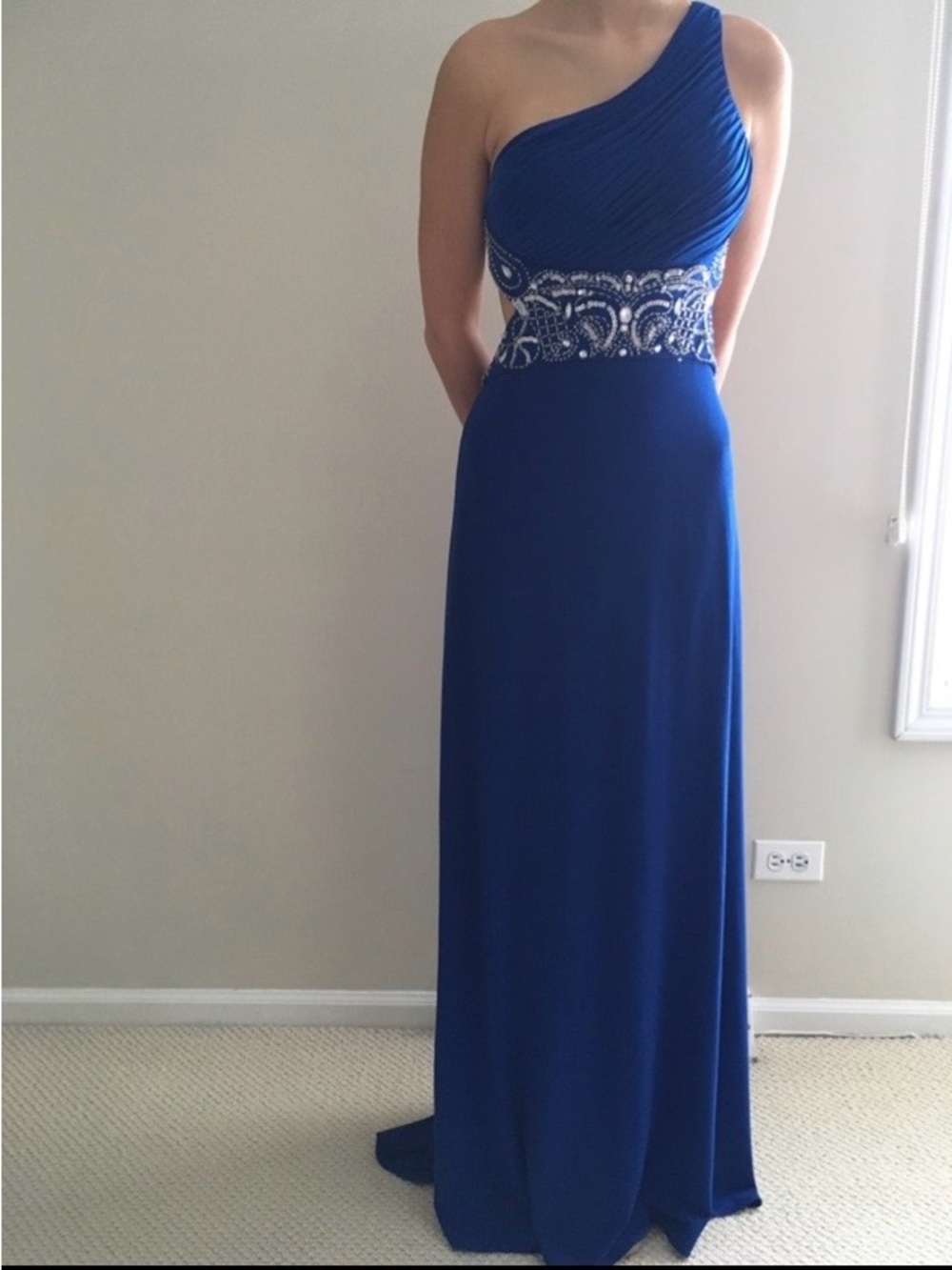 One-Shoulder Royal Blue Evening Gown with Beaded Waist